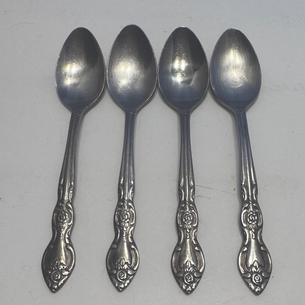 4 Vtg Imperial Stainless Steel Flatware Japan Table Spoons Floral Rose Flower